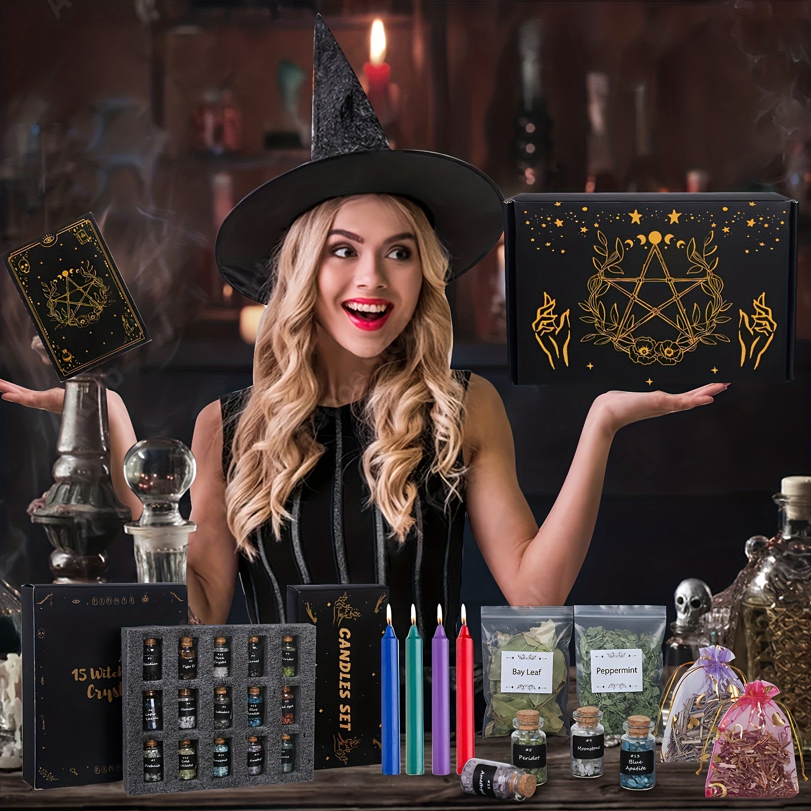 64pcs Witchcraft Supplies Kit, Zodiac Magick Decor Velvet Altar Cloth Spell Notebook Spoon Bell for Beginners, Pagan Rituals Tools for Christmas Halloween Gifts, Witchy Gifts, Witchy Decor, Witchy Accessories, Witchy Home Dec