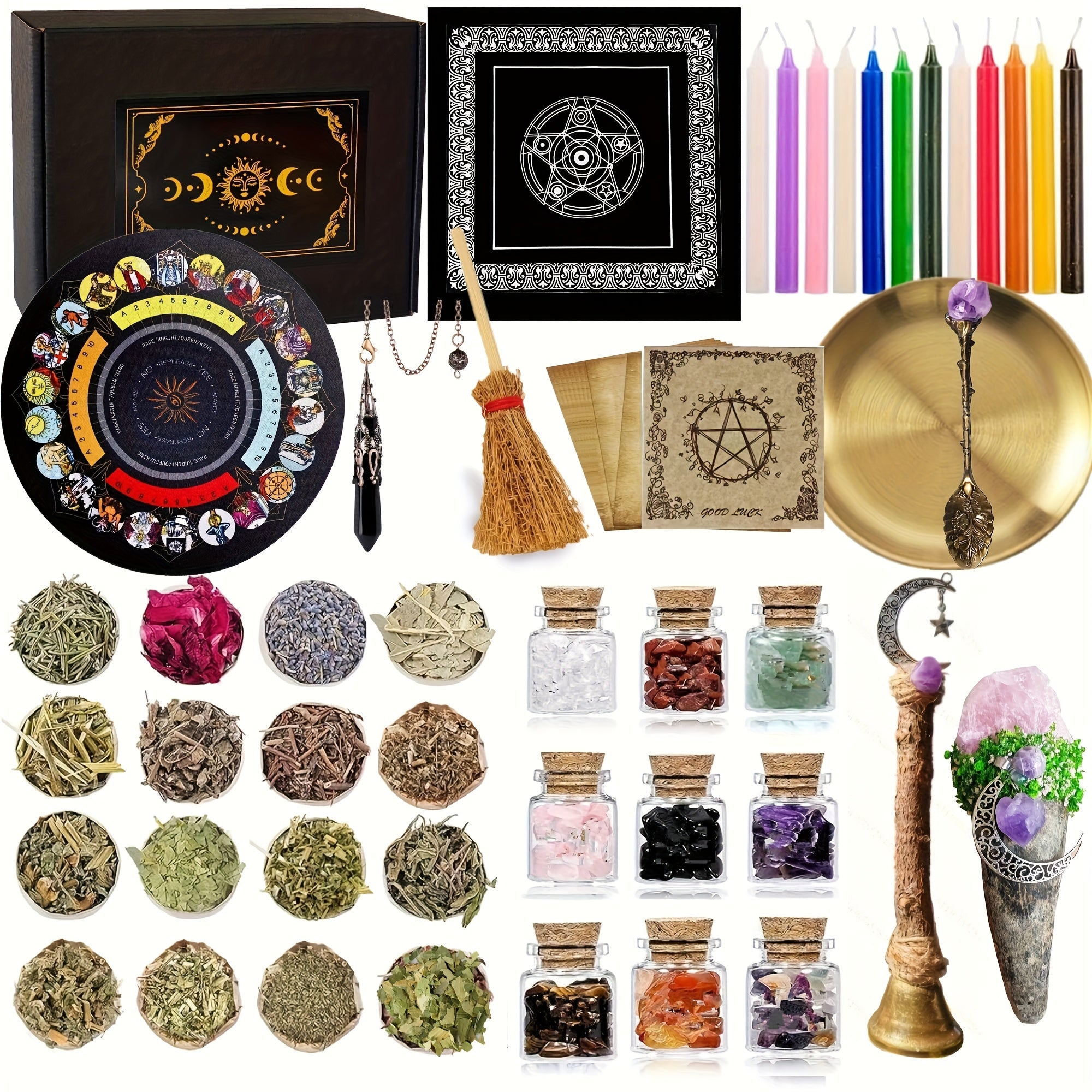 Witches Brew Complete Witchcraft Kit - Bohemian-Style All-in-One Magic Set with Crystal Wand, Pentagram & Phases - Ritual Tools, Crystals for Spells, Jewelry Making, Altar Decor - Perfect Gift for Witches, Wiccans, Beginners