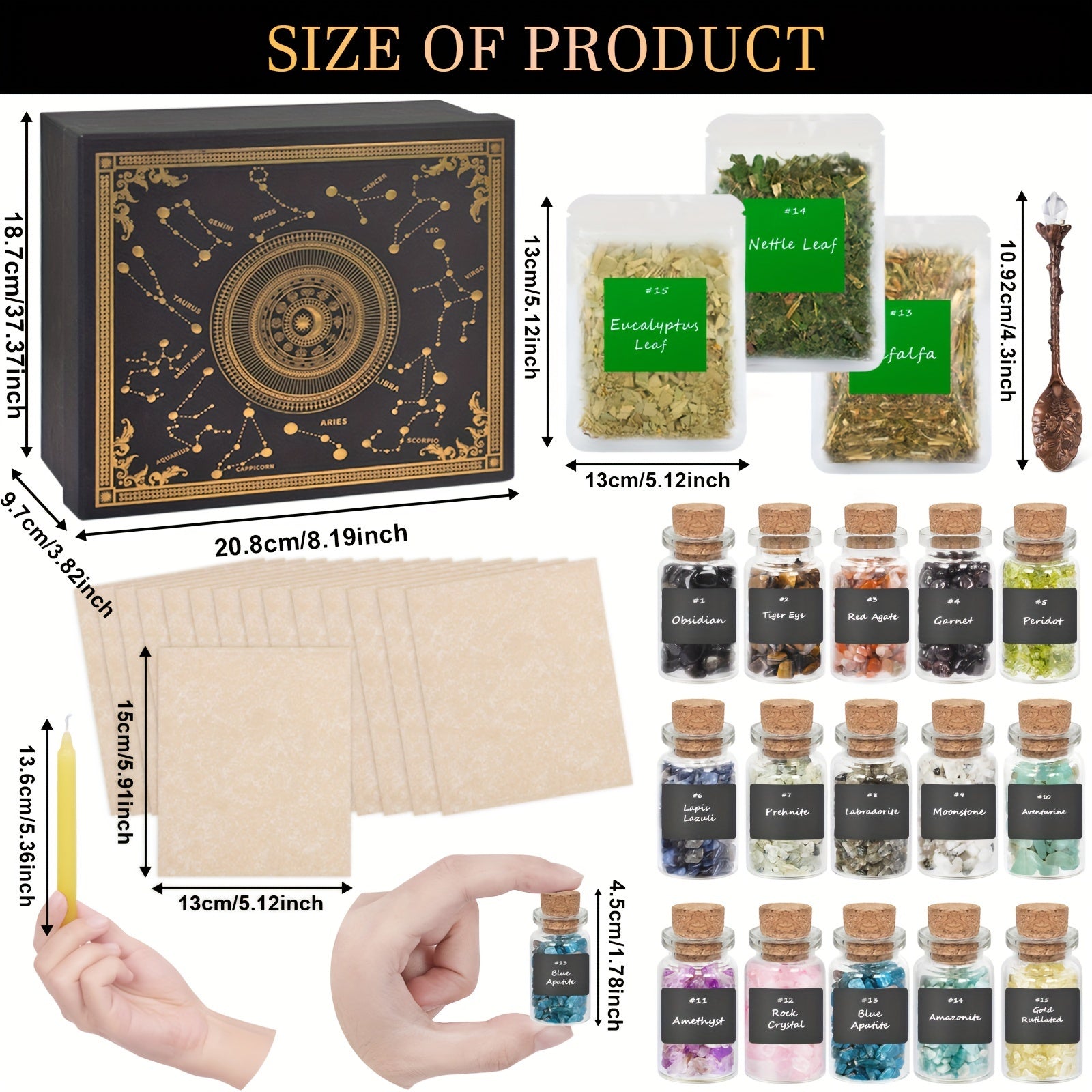 46P Witchcraft Supplies Kit Big Box -15pcs Crystals With Box, 15pcs Dried Herbs, 12pcs Magic Color Candles With Box, 1pc Crystal Spoon And Paper For Meditation Divination - Suitable For Wedding Graduation Beginners Experience