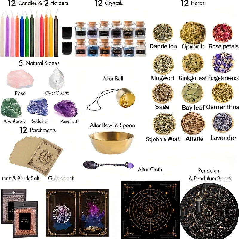 64pcs Large Witchcraft Starter Kit - Complete Wiccan Altar Set with Herbs, Candles, Pentagrams, Altar Cloth-like, Divination Tools & Bulk Synthetic Gemstones for Spells,, Witch Training - Women's Magical Gifts & DIY Witch