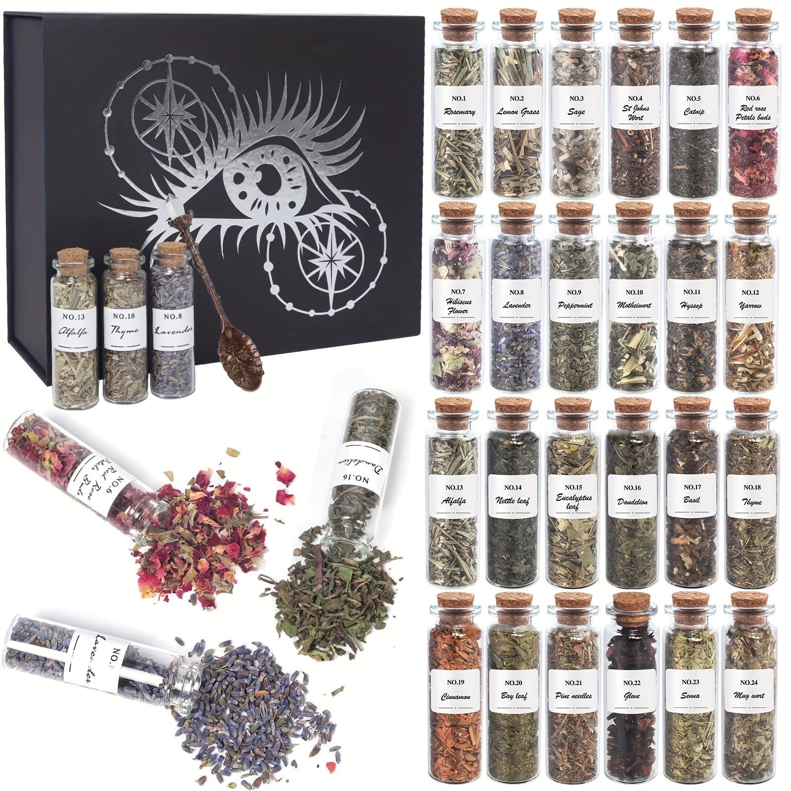 24pcs Witchcraft Supplies Herbs And Flowers Kit - Dried Herbs Set with 1pc Crystals Spoon - Witchy Beginners Experienced Dried Herbs Box Gift for Spells Rituals Altar Decor-weddingDay Gift And Valentine's Day Closeout Altar S