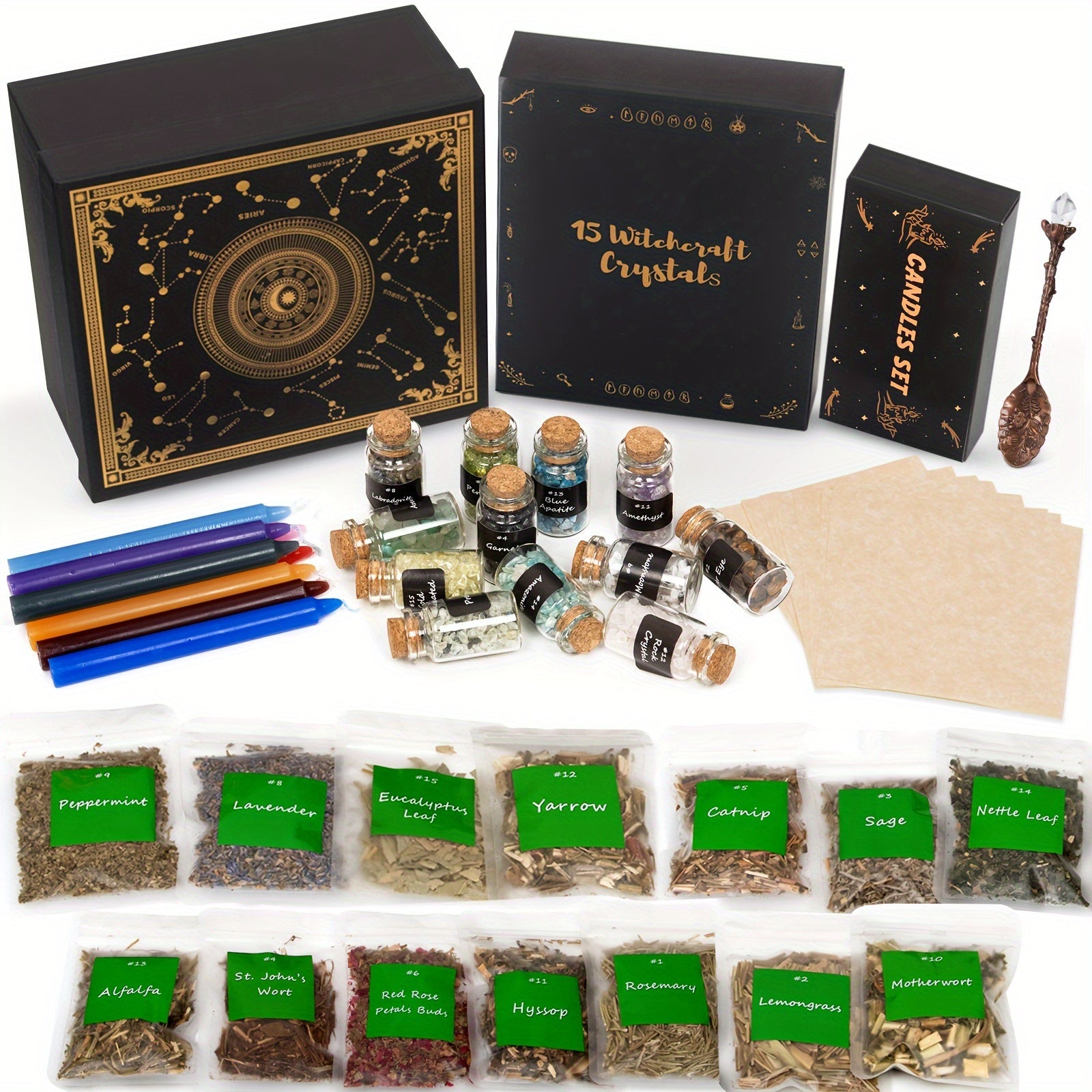 Witchcraft Supplies Kit Big Box-A Set Of 15pcs Crystals With Box, 15pcs Dried Herbs, 12pcs Magic Color Candles With Box, 1pc Crystal Spoon And Paper For Mothers Day - Suitable For Beginners Experienced Witches Pagan Decor Alt