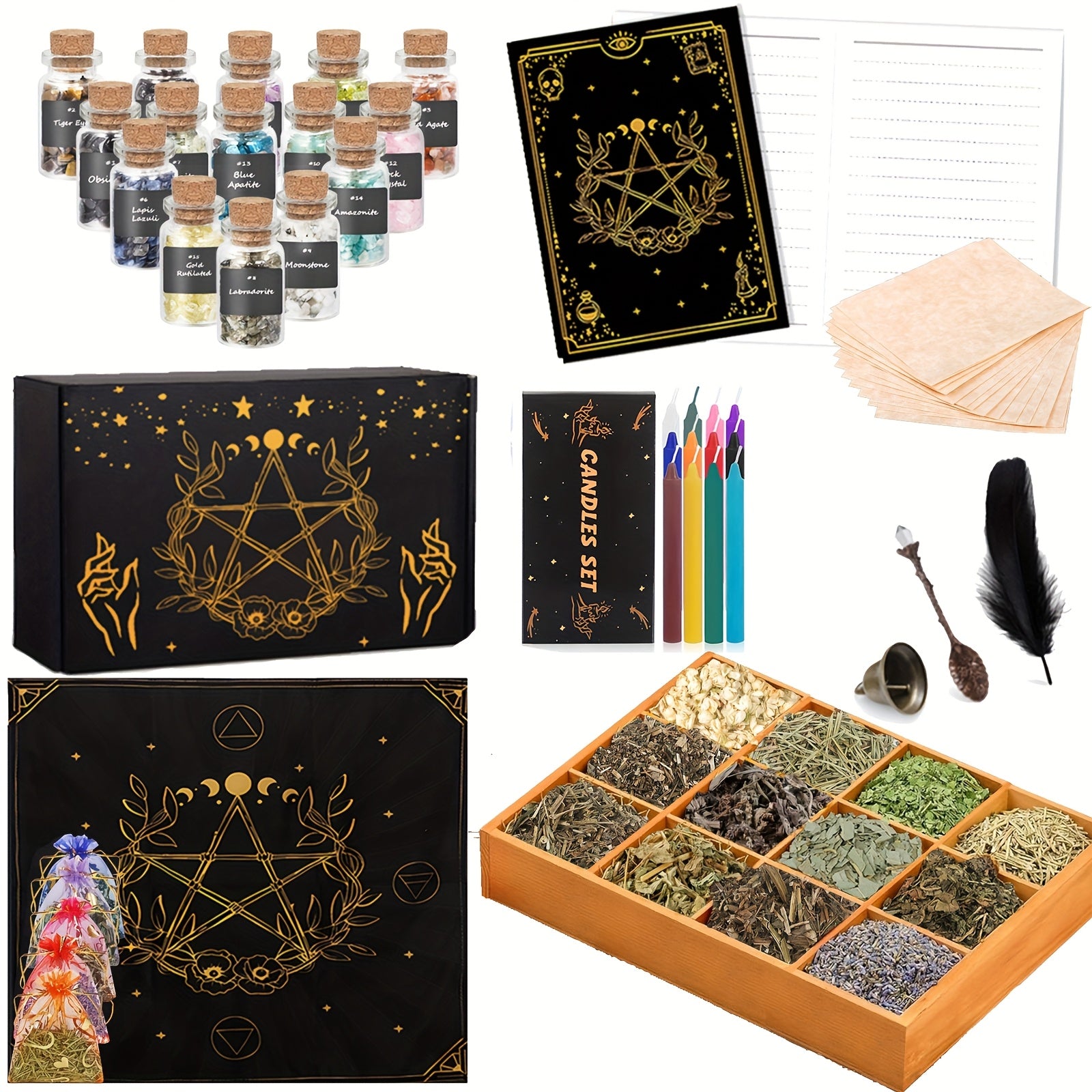 64pcs Witchcraft Supplies Kit, Zodiac Magick Decor Velvet Altar Cloth Spell Notebook Spoon Bell for Beginners, Pagan Rituals Tools for Christmas Halloween Gifts, Witchy Gifts, Witchy Decor, Witchy Accessories, Witchy Home Dec