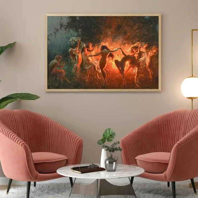 Witch Magic Fairy Fire Dance, Large Vintage Wall Art. HD Canvas Print Poster, Home, Living Room, Room, Entryway Decoration