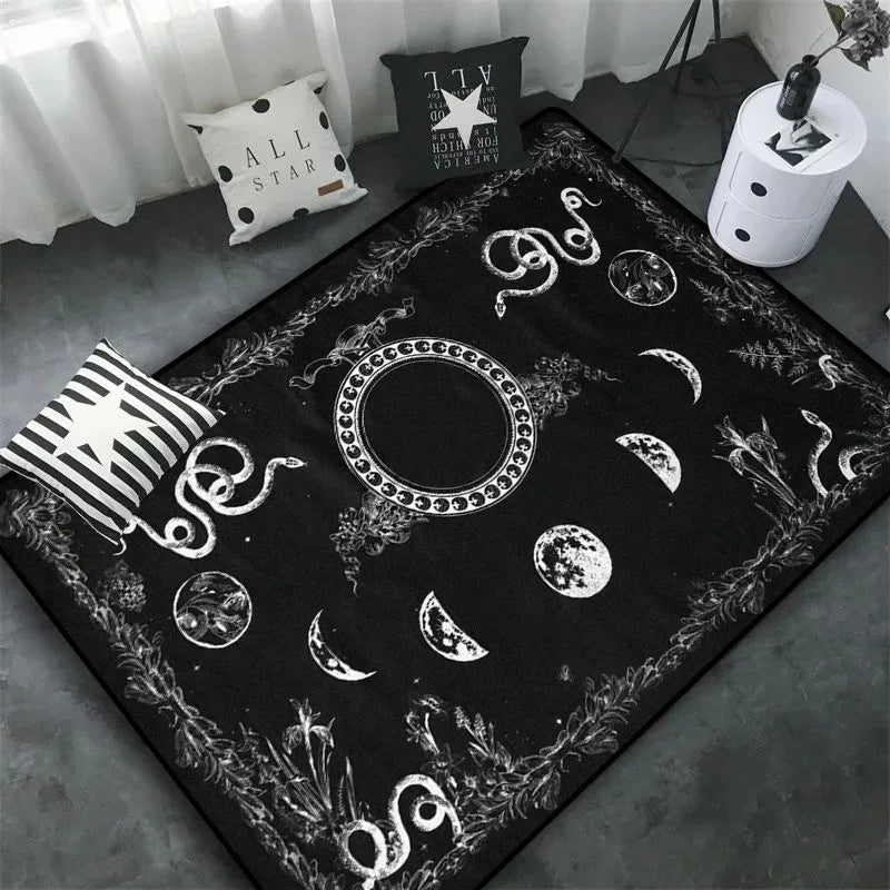 Triple Moon and Pentagram Altar or Tarot Witchy Floor Mat Black Witch Rug Gothic Decor Phases Divination Runic Carpet Gift