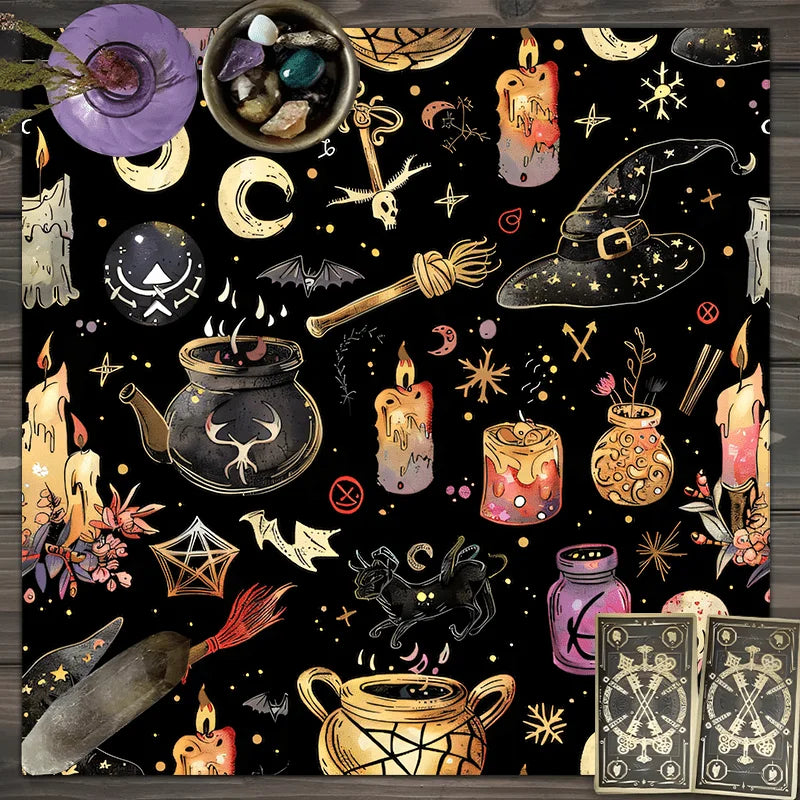 Witchcraft Occult Tablecloth Magic Theme Pattern Decor Black Background Polyester Washable Fade-Resistant Indoor Home Kitchen