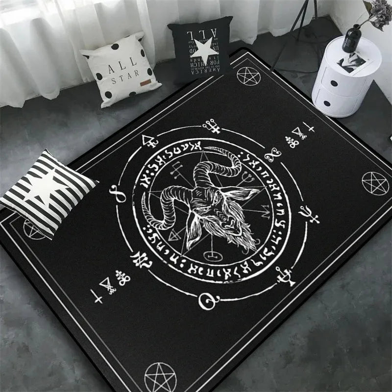 Triple Moon and Pentagram Altar or Tarot Witchy Floor Mat Black Witch Rug Gothic Decor Phases Divination Runic Carpet Gift