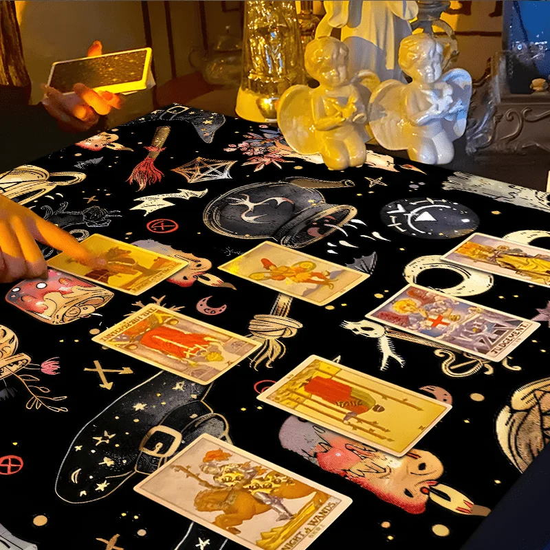 Witchcraft Occult Tablecloth Magic Theme Pattern Decor Black Background Polyester Washable Fade-Resistant Indoor Home Kitchen