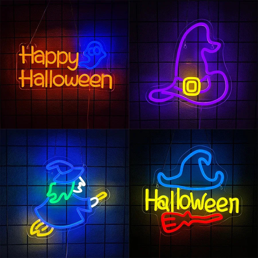 Witch Hat And Broom Gothic Icon, Halloween Led Neon Sign,Used For Bedroom, Bar, Man Cave, Game Room, Halloween Party Decor.