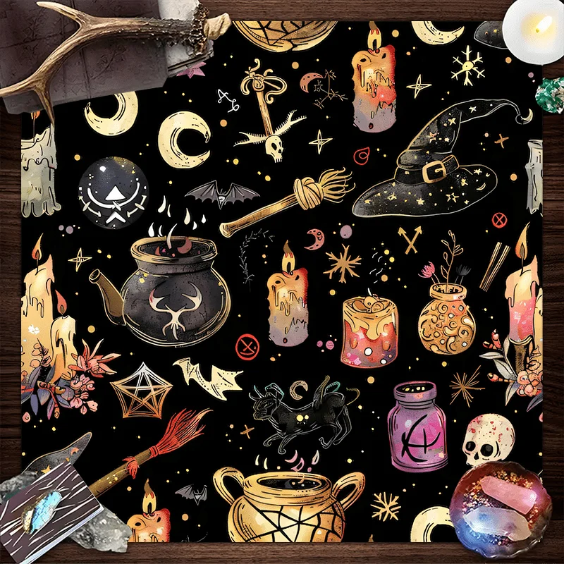 Witchcraft Occult Tablecloth Magic Theme Pattern Decor Black Background Polyester Washable Fade-Resistant Indoor Home Kitchen