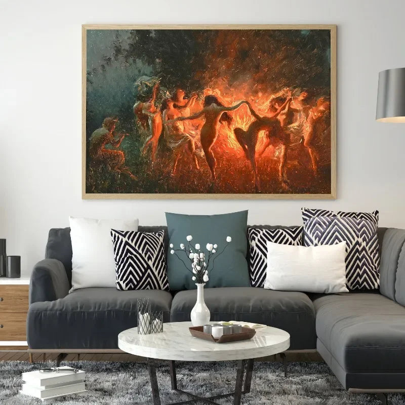 Witch Magic Fairy Fire Dance, Large Vintage Wall Art. HD Canvas Print Poster, Home, Living Room, Room, Entryway Decoration