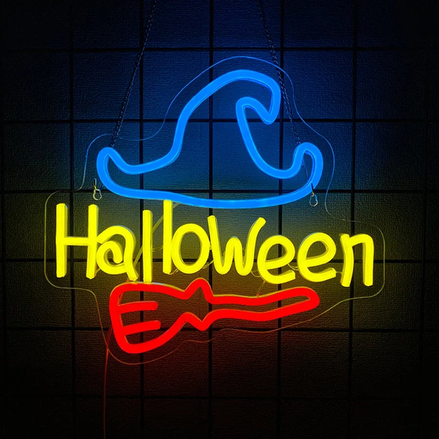 Witch Hat And Broom Gothic Icon, Halloween Led Neon Sign,Used For Bedroom, Bar, Man Cave, Game Room, Halloween Party Decor.