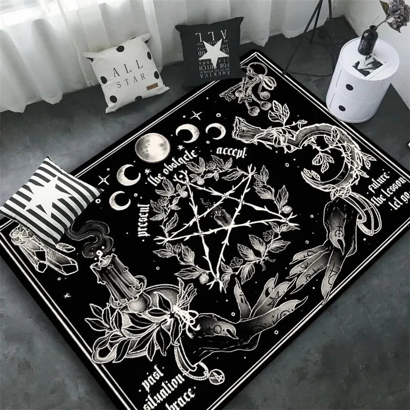 Triple Moon and Pentagram Altar or Tarot Witchy Floor Mat Black Witch Rug Gothic Decor Phases Divination Runic Carpet Gift