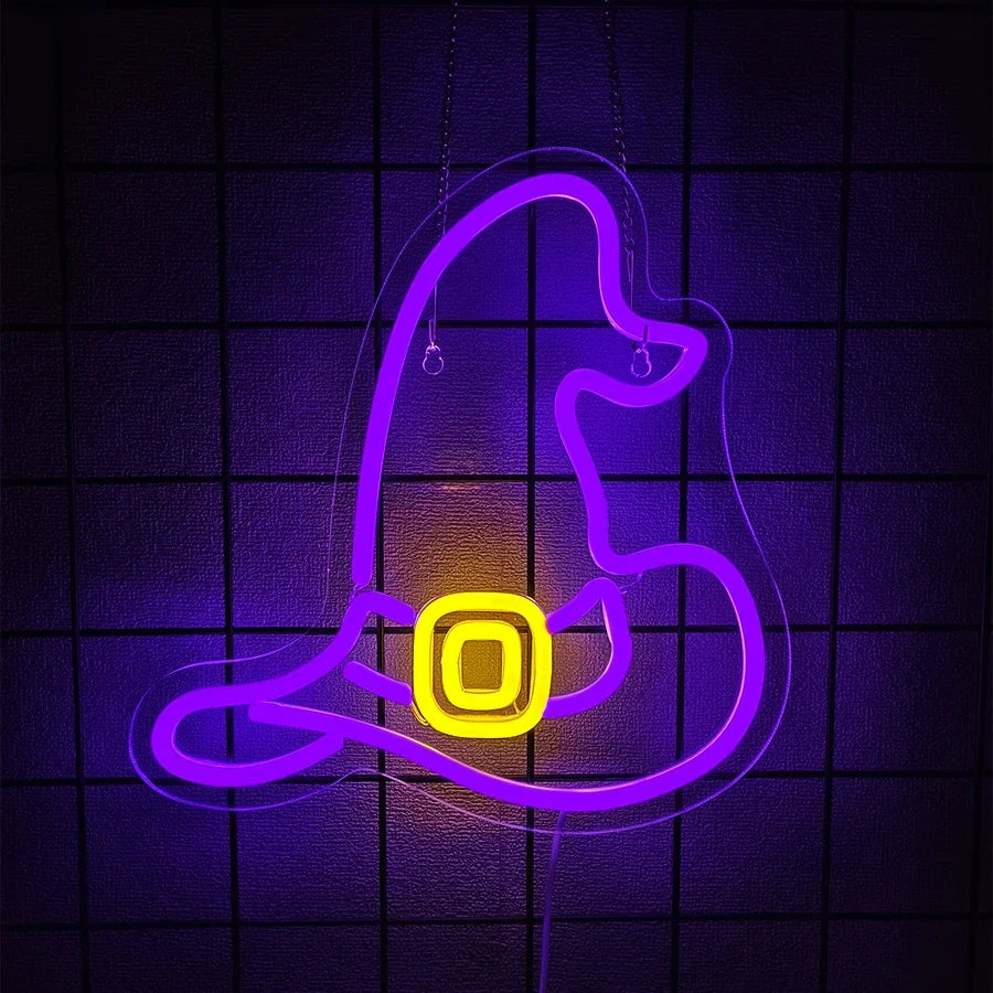 Witch Hat And Broom Gothic Icon, Halloween Led Neon Sign,Used For Bedroom, Bar, Man Cave, Game Room, Halloween Party Decor.