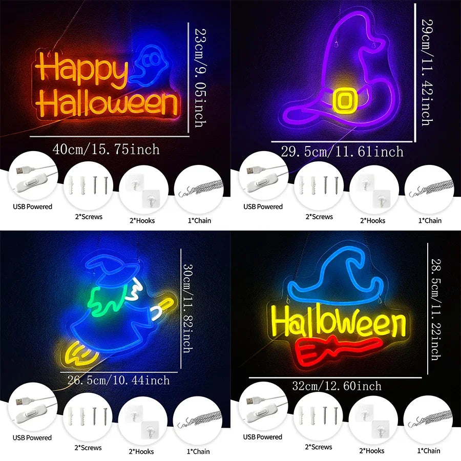 Witch Hat And Broom Gothic Icon, Halloween Led Neon Sign,Used For Bedroom, Bar, Man Cave, Game Room, Halloween Party Decor.