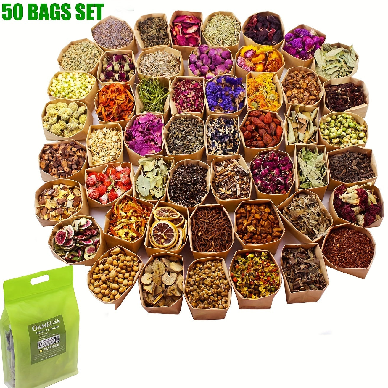 50 Packs Set - Dry Flower Craft Set, Witchcraft Kit, Resin Jewelry Making, DIY Candles, Seasonal Decorations, Rose, Jasmine, Peony, Lavender, Forget-me-not, Etc