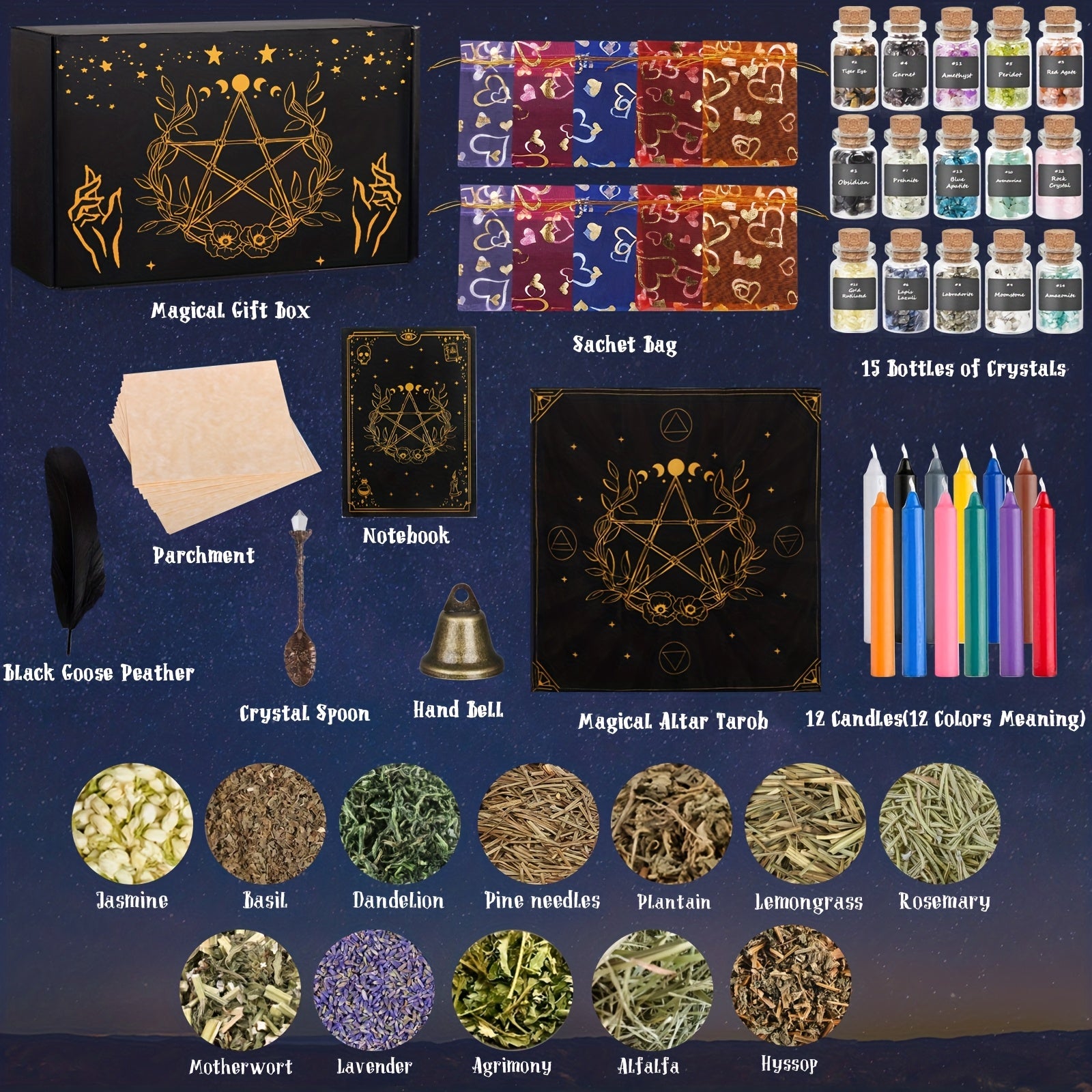 64pcs Witchcraft Supplies Kit, Zodiac Magick Decor Velvet Altar Cloth Spell Notebook Spoon Bell for Beginners, Pagan Rituals Tools for Christmas Halloween Gifts, Witchy Gifts, Witchy Decor, Witchy Accessories, Witchy Home Dec