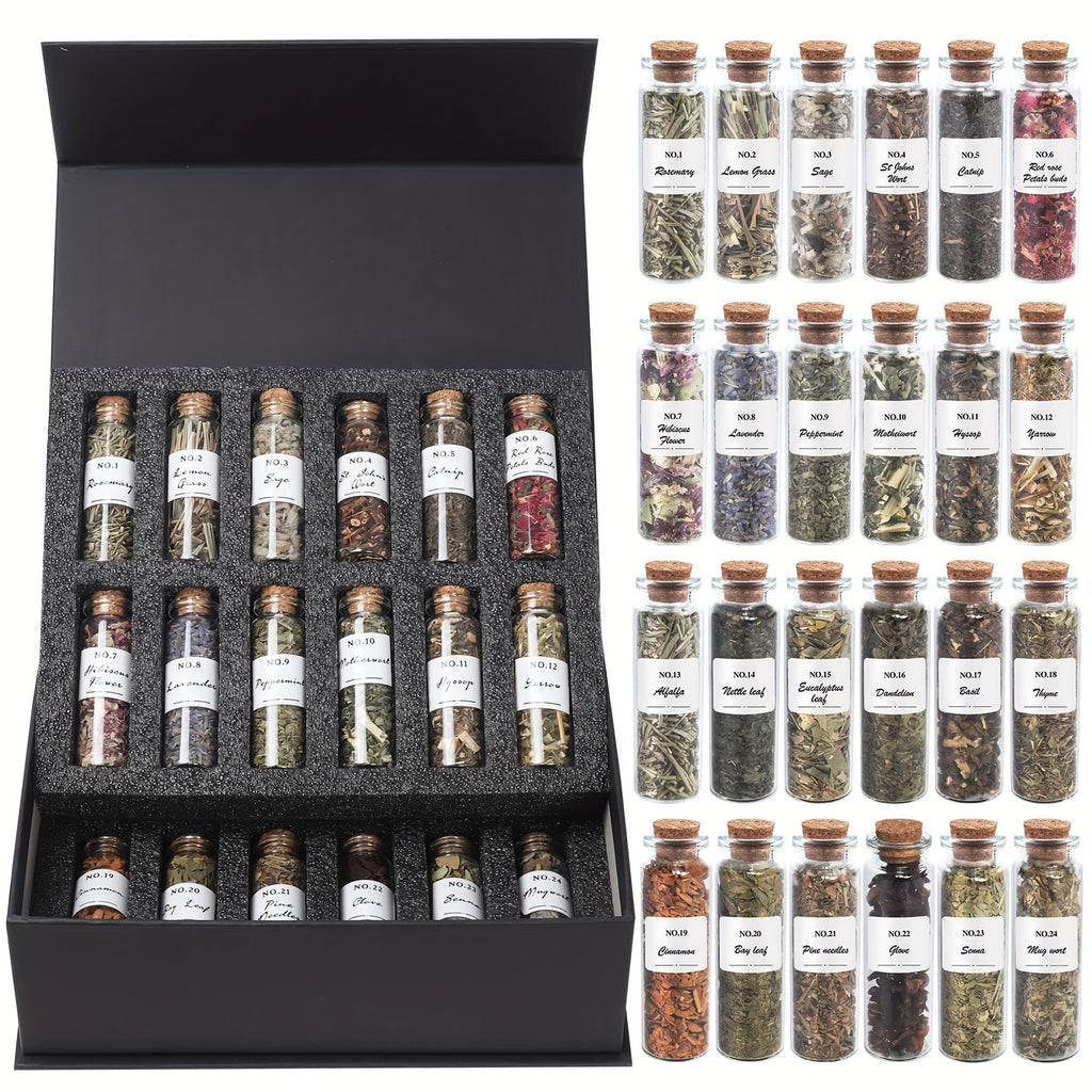 24pcs Witchcraft Supplies Herbs And Flowers Kit - Dried Herbs Set with 1pc Crystals Spoon - Witchy Beginners Experienced Dried Herbs Box Gift for Spells Rituals Altar Decor-weddingDay Gift And Valentine's Day Closeout Altar S