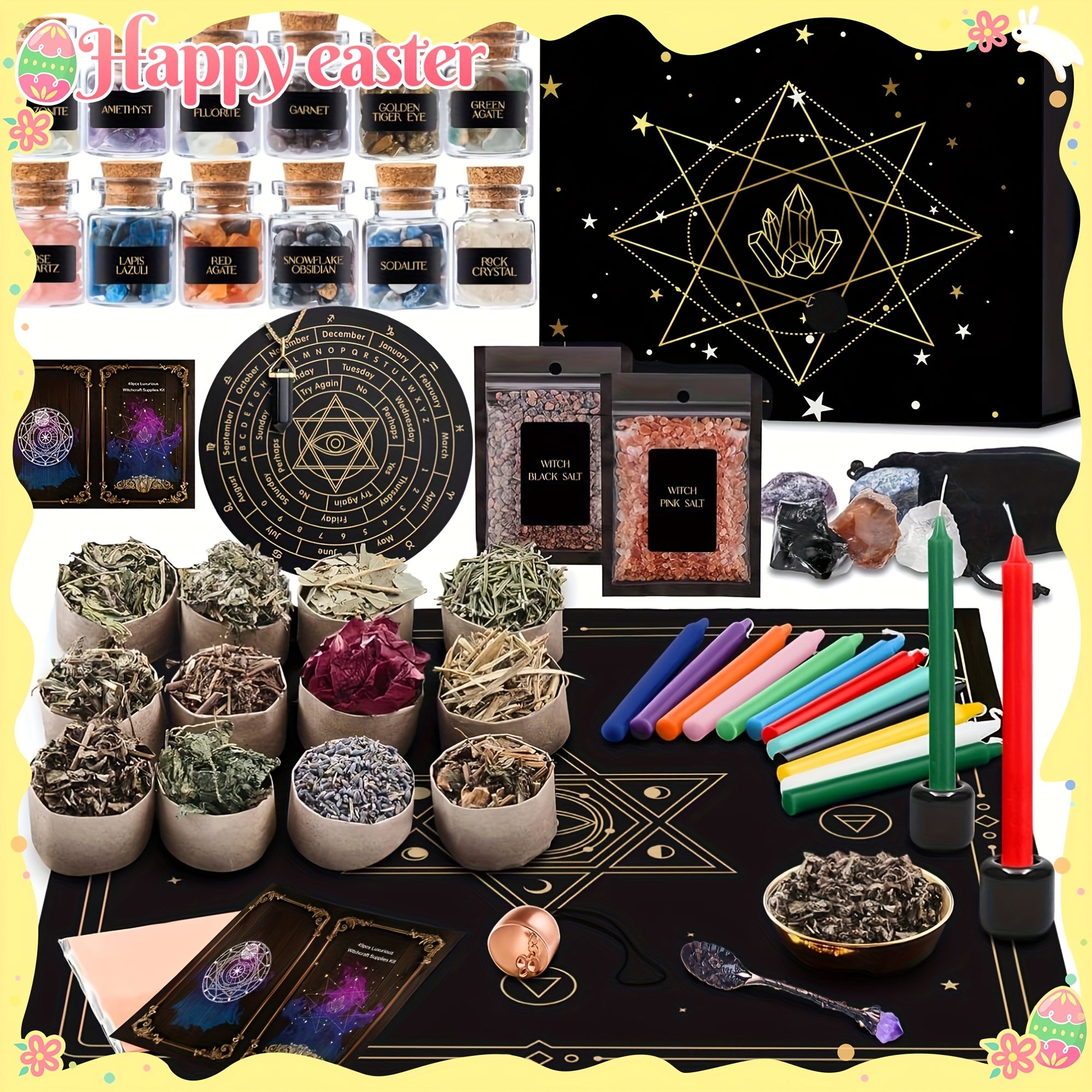 64pcs Large Witchcraft Starter Kit - Complete Wiccan Altar Set with Herbs, Candles, Pentagrams, Altar Cloth-like, Divination Tools & Bulk Synthetic Gemstones for Spells,, Witch Training - Women's Magical Gifts & DIY Witch