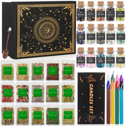 46P Witchcraft Supplies Kit Big Box -15pcs Crystals With Box, 15pcs Dried Herbs, 12pcs Magic Color Candles With Box, 1pc Crystal Spoon And Paper For Meditation Divination - Suitable For Wedding Graduation Beginners Experience